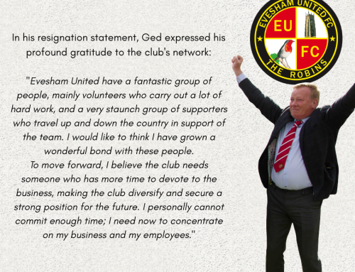 Chairman Ged Resigns from Evesham United Football Club; Mick Brennan Appointed Interim Chairperson